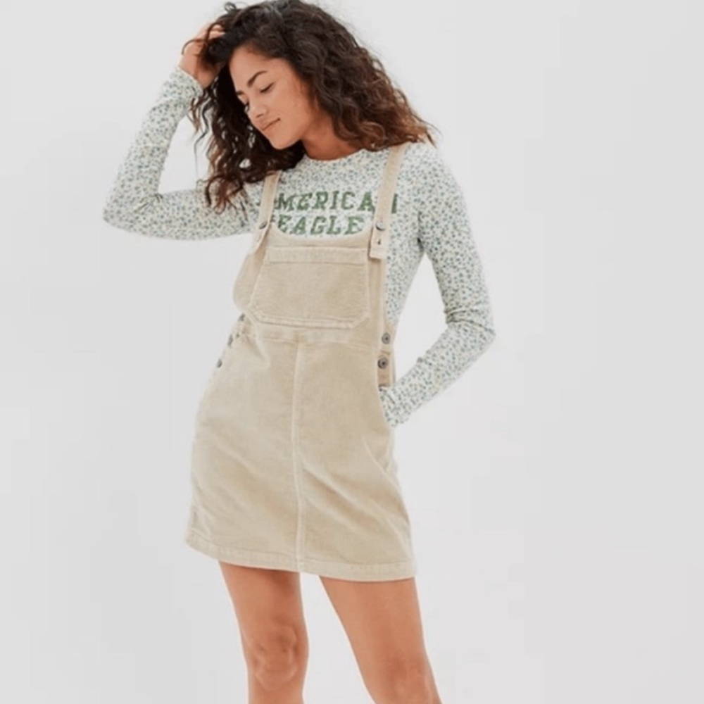 American Eagle Women’s Tan Corduroy Overall Mini Dress Size XS